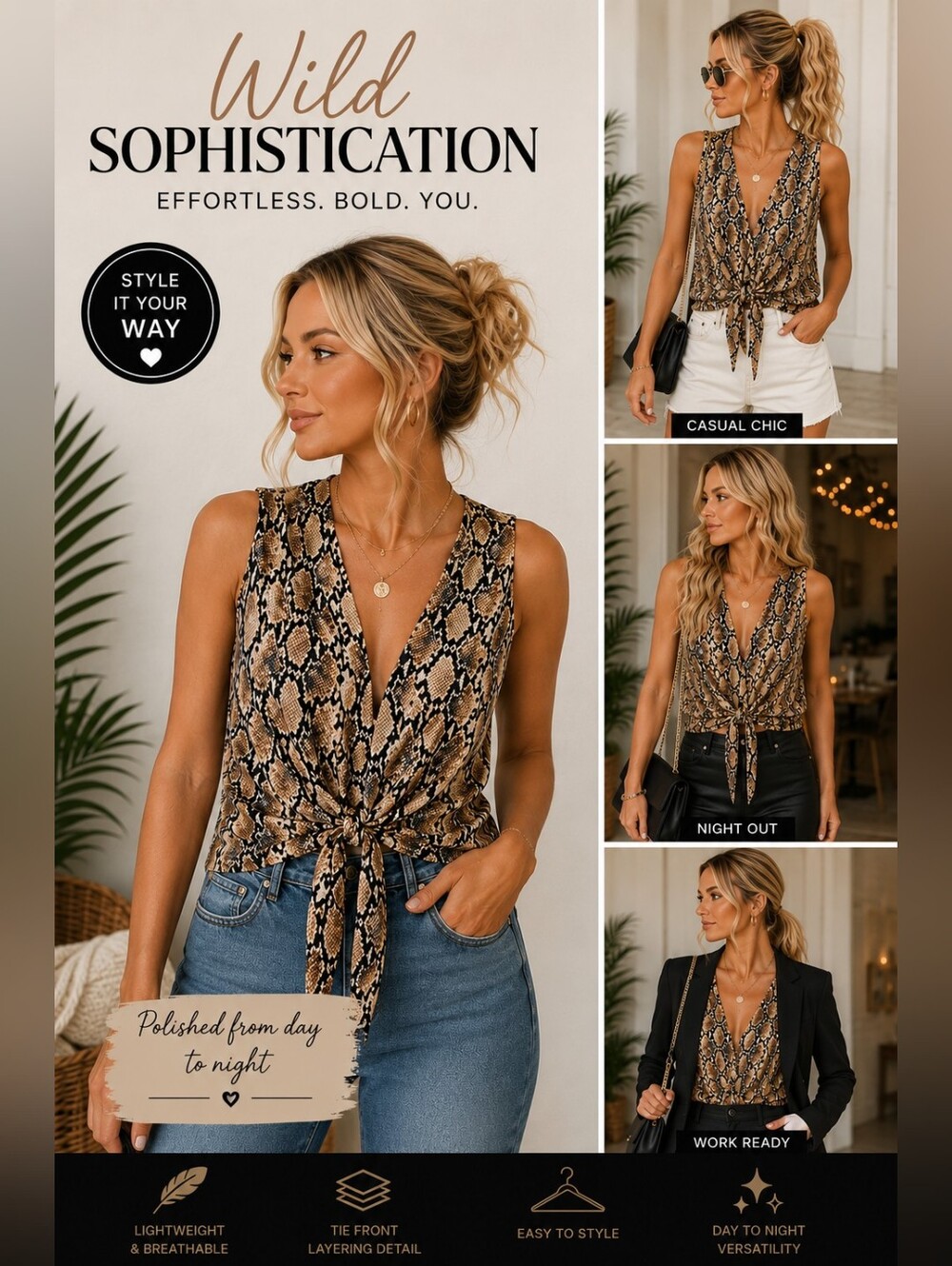 Hayden Los Angeles Y2K Snake Print Tie Front Tank Top | Size M | Surplice V-Neck